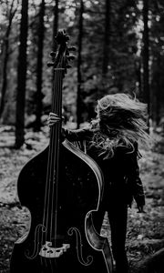 Preview wallpaper girl, musical instrument, bw, forest