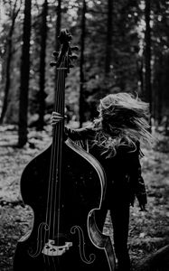 Preview wallpaper girl, musical instrument, bw, forest