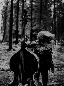 Preview wallpaper girl, musical instrument, bw, forest