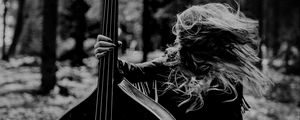 Preview wallpaper girl, musical instrument, bw, forest