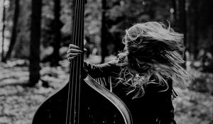 Preview wallpaper girl, musical instrument, bw, forest