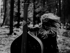 Preview wallpaper girl, musical instrument, bw, forest