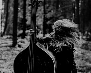Preview wallpaper girl, musical instrument, bw, forest