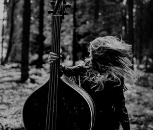 Preview wallpaper girl, musical instrument, bw, forest