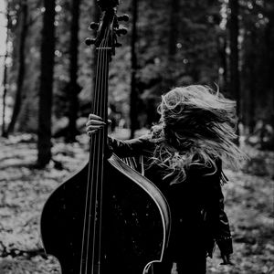 Preview wallpaper girl, musical instrument, bw, forest