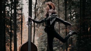 Preview wallpaper girl, musical instrument, forest