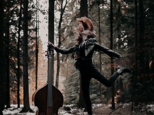 Preview wallpaper girl, musical instrument, forest