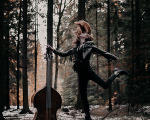 Preview wallpaper girl, musical instrument, forest