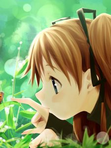 Preview wallpaper girl, nature, butterfly, plants, herbs