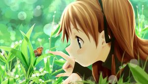 Preview wallpaper girl, nature, butterfly, plants, herbs