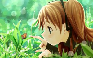 Preview wallpaper girl, nature, butterfly, plants, herbs