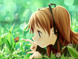 Preview wallpaper girl, nature, butterfly, plants, herbs