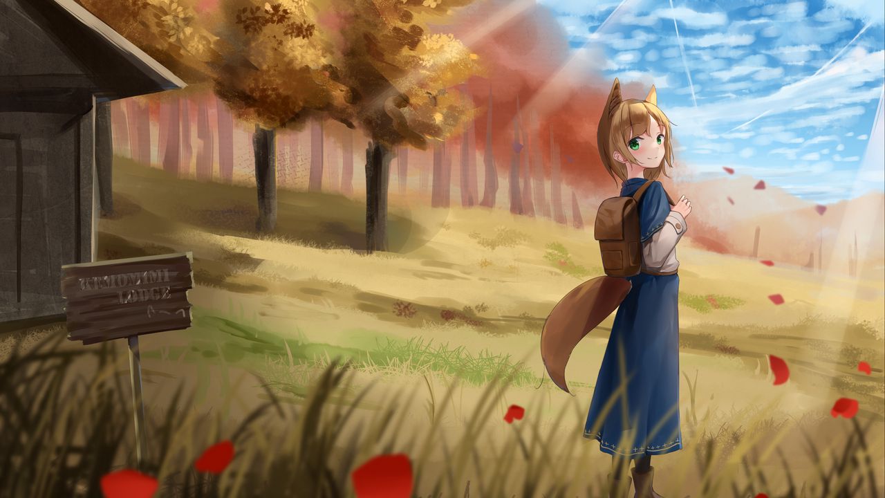 Wallpaper girl, neko, backpack, petals, anime