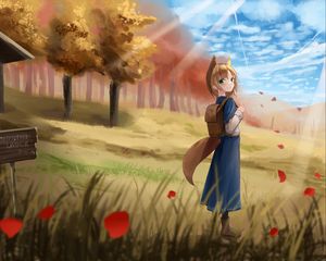 Preview wallpaper girl, neko, backpack, petals, anime