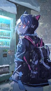 Preview wallpaper girl, neko, backpack, hood, anime