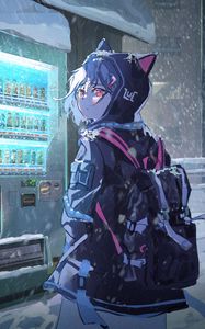 Preview wallpaper girl, neko, backpack, hood, anime