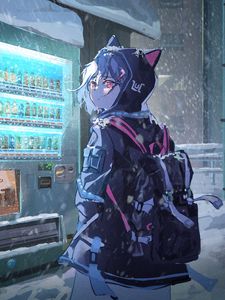 Preview wallpaper girl, neko, backpack, hood, anime