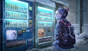 Preview wallpaper girl, neko, backpack, hood, anime