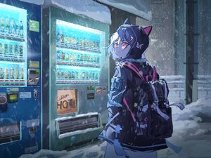 Preview wallpaper girl, neko, backpack, hood, anime