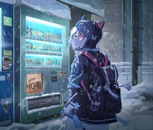 Preview wallpaper girl, neko, backpack, hood, anime