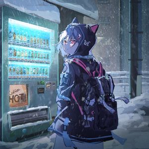 Preview wallpaper girl, neko, backpack, hood, anime