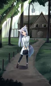 Preview wallpaper girl, neko, bag, house, anime