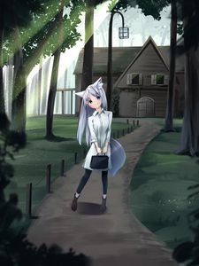 Preview wallpaper girl, neko, bag, house, anime