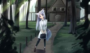 Preview wallpaper girl, neko, bag, house, anime