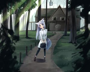 Preview wallpaper girl, neko, bag, house, anime