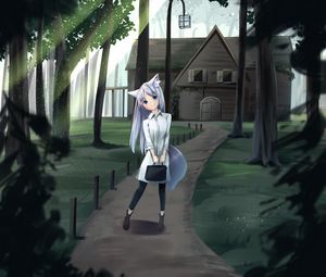 Preview wallpaper girl, neko, bag, house, anime