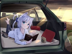 Preview wallpaper girl, neko, book, car, anime