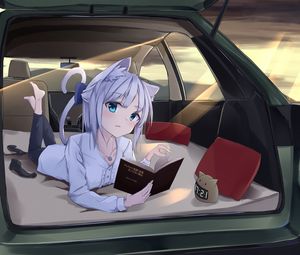 Preview wallpaper girl, neko, book, car, anime