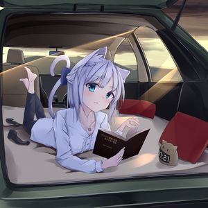 Preview wallpaper girl, neko, book, car, anime