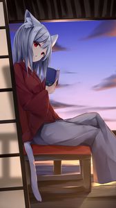 Preview wallpaper girl, neko, book, anime