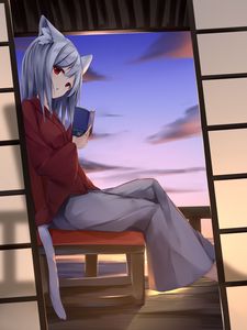 Preview wallpaper girl, neko, book, anime