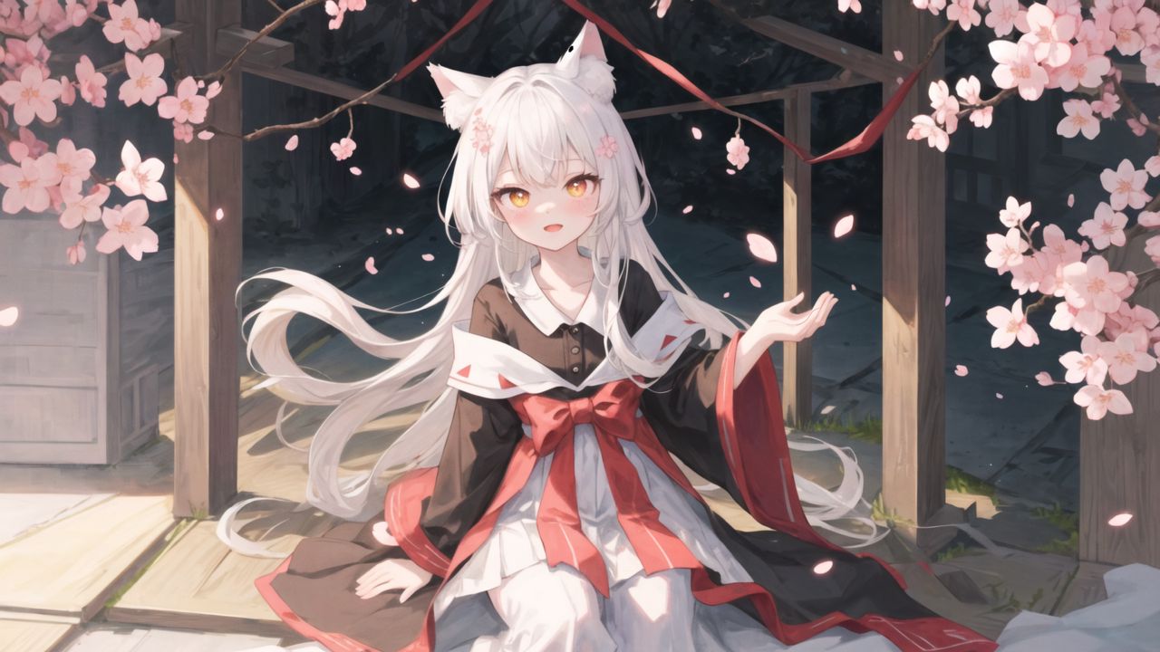 Wallpaper girl, neko, bow, petals, anime