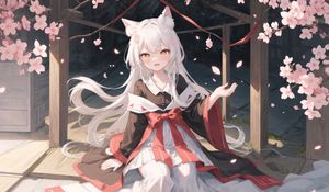 Preview wallpaper girl, neko, bow, petals, anime