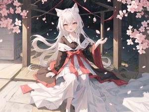 Preview wallpaper girl, neko, bow, petals, anime