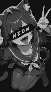 Preview wallpaper girl, neko, cat, meow, anime, bw