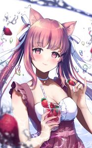 Preview wallpaper girl, neko, cocktail, strawberry, anime, art, cartoon