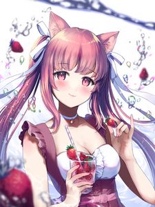 Preview wallpaper girl, neko, cocktail, strawberry, anime, art, cartoon