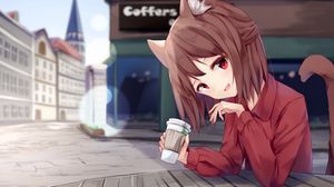 Preview wallpaper girl, neko, coffee, cute, anime