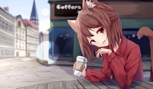 Preview wallpaper girl, neko, coffee, cute, anime