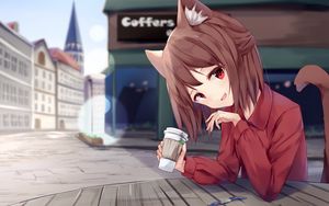 Preview wallpaper girl, neko, coffee, cute, anime