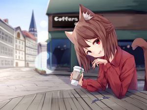 Preview wallpaper girl, neko, coffee, cute, anime