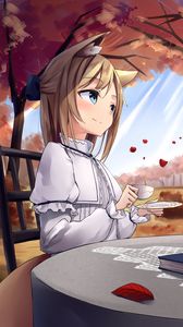 Preview wallpaper girl, neko, cup, coffee, autumn, anime