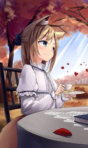 Preview wallpaper girl, neko, cup, coffee, autumn, anime