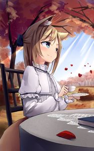 Preview wallpaper girl, neko, cup, coffee, autumn, anime