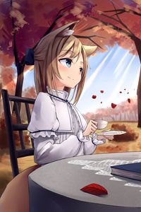 Preview wallpaper girl, neko, cup, coffee, autumn, anime