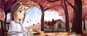 Preview wallpaper girl, neko, cup, coffee, autumn, anime